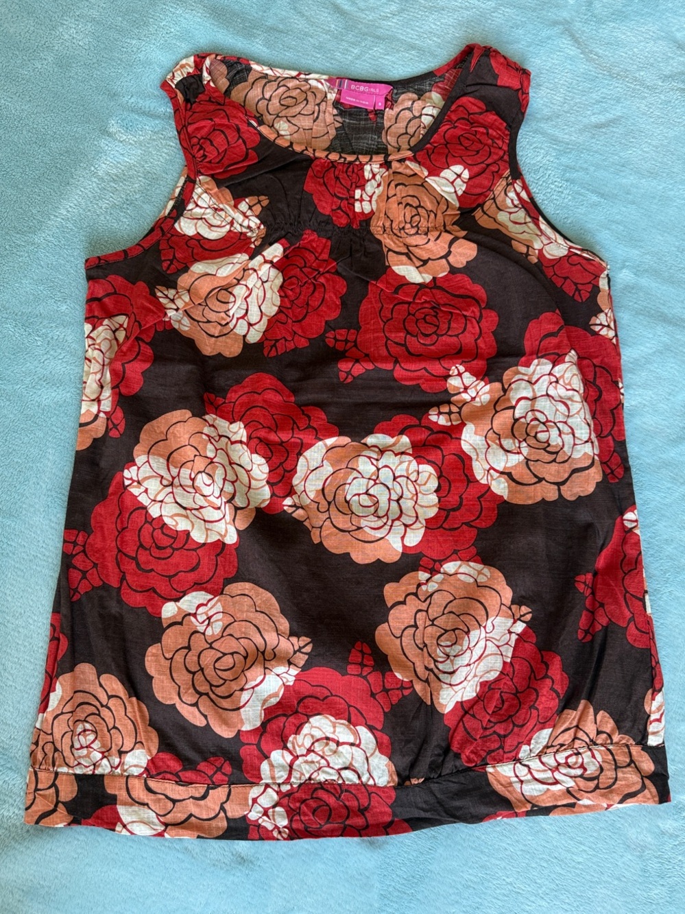 BCBG 100% Cotton Floral Sleeveless Tank in Red, Brown & White